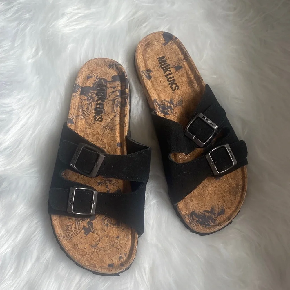 Muk Luks Genuine Suede Black Cork Sandals Size 7.5 - Picture 2 of 6